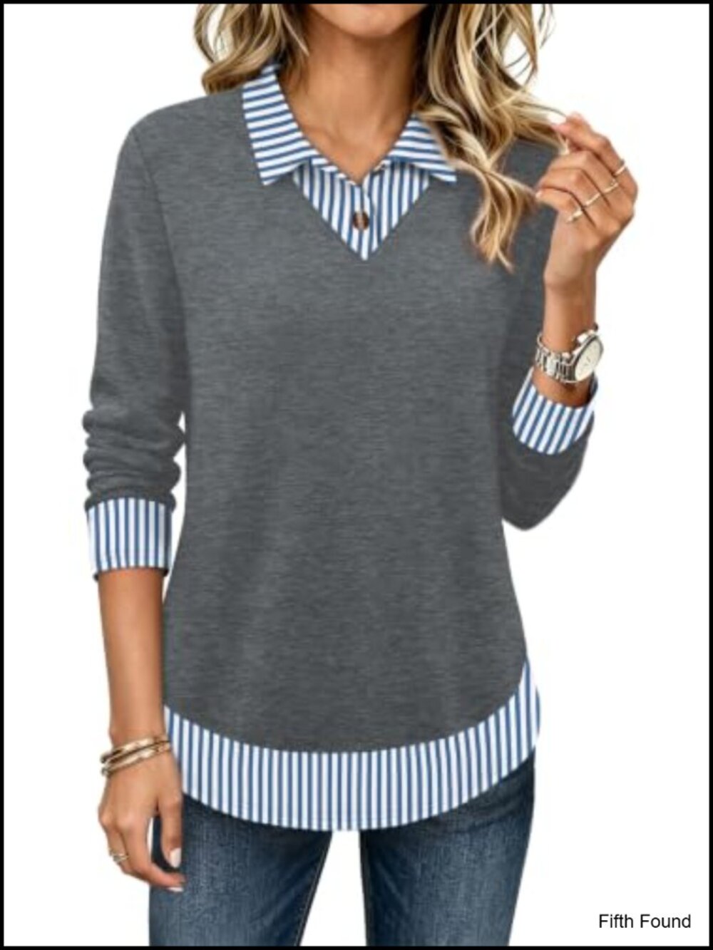 Women Long Sleeve Tunic Shirt Polo Collar Faux Layered Comfy Work Outfit